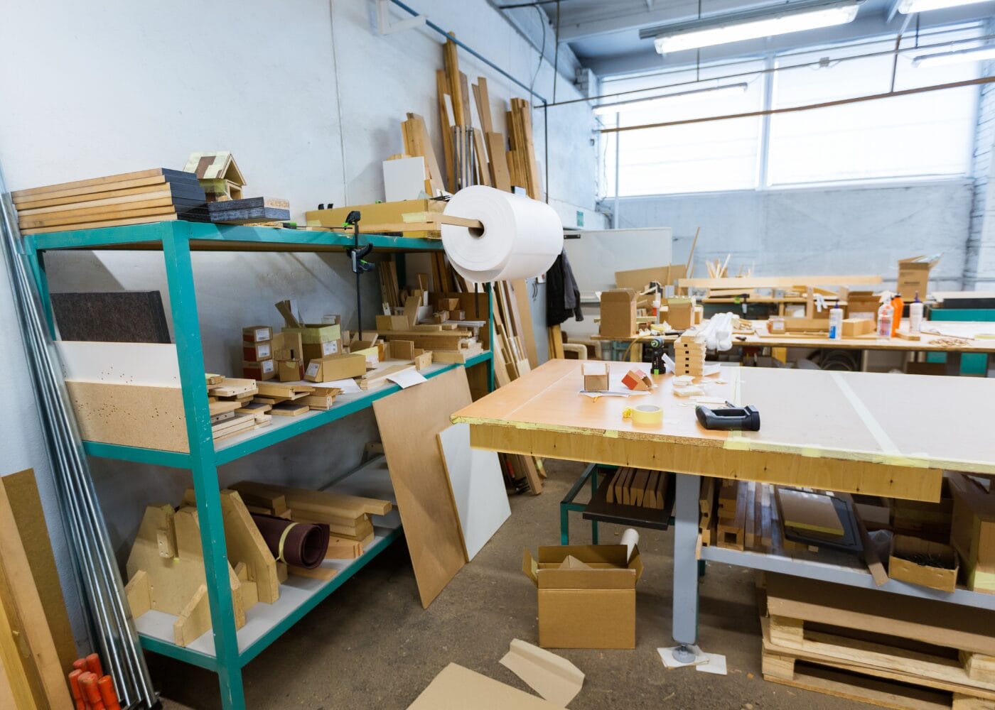 Organized woodworking shop with shelves of materials and a workbench.