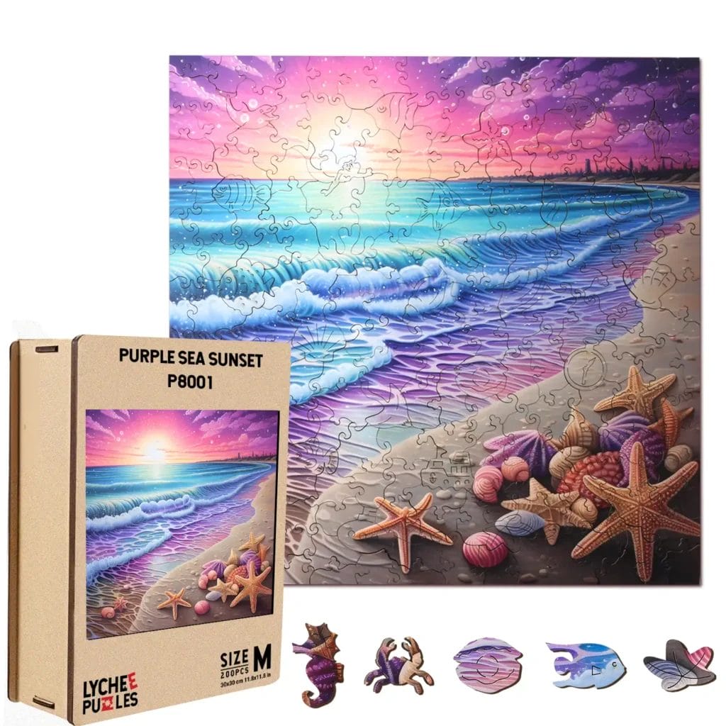 Purple Sea Sunset 200-piece jigsaw puzzle, beach scene with seashells and starfish
