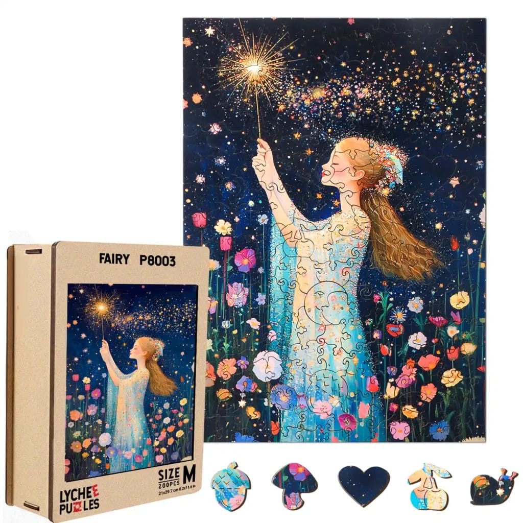Wooden fairy puzzle, 200 pieces, size M. Girl holding a sparkler in a flower field.