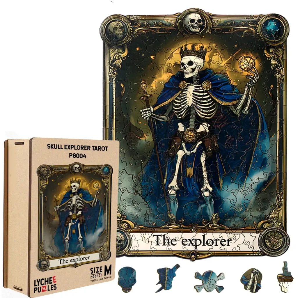 Skeleton king in blue robes, holding a compass and sword; Skull Explorer Tarot puzzle.