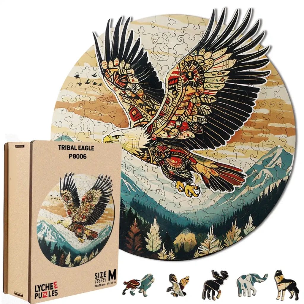 Tribal eagle 200-piece wooden puzzle. Circular design features a detailed eagle against a mountain landscape.